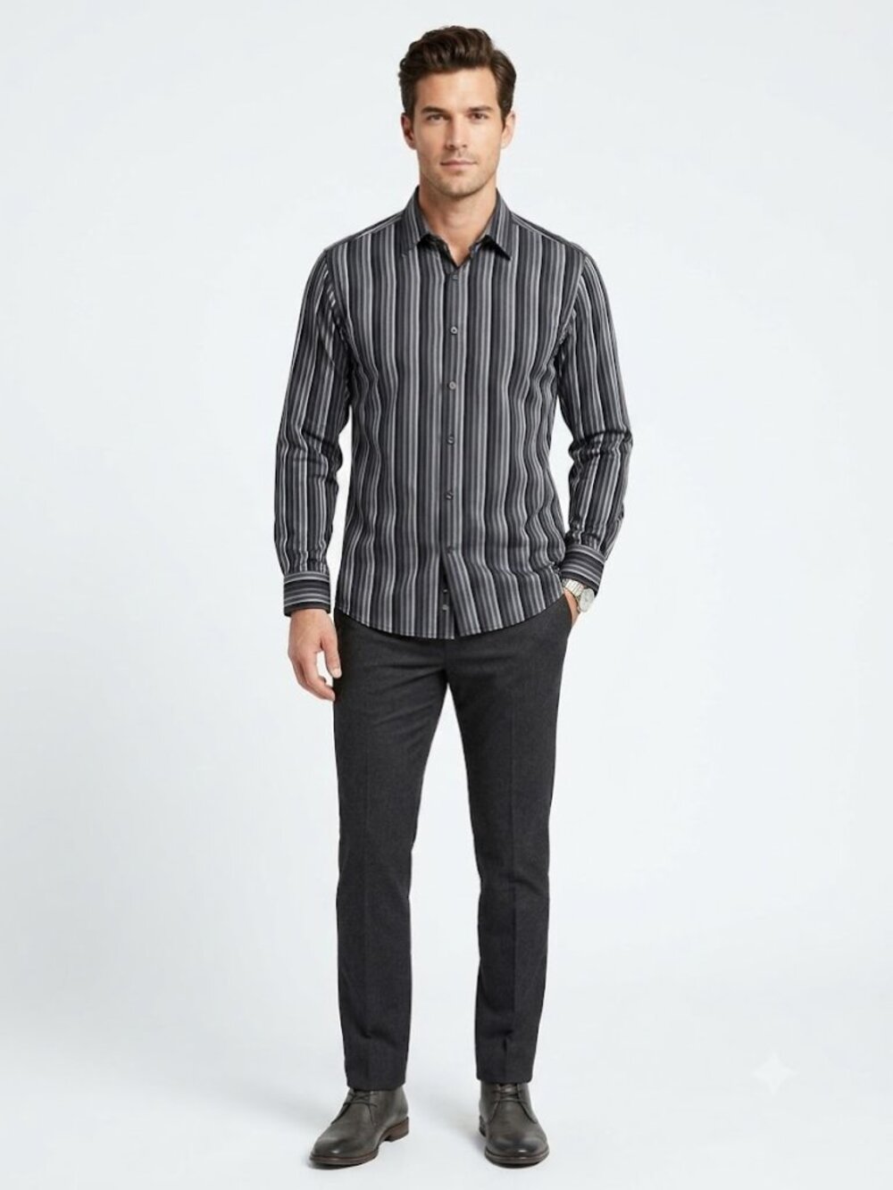 Claiborne Men’s Striped Shirt Gray Black White Long Sleeve Button‑Up Size XL